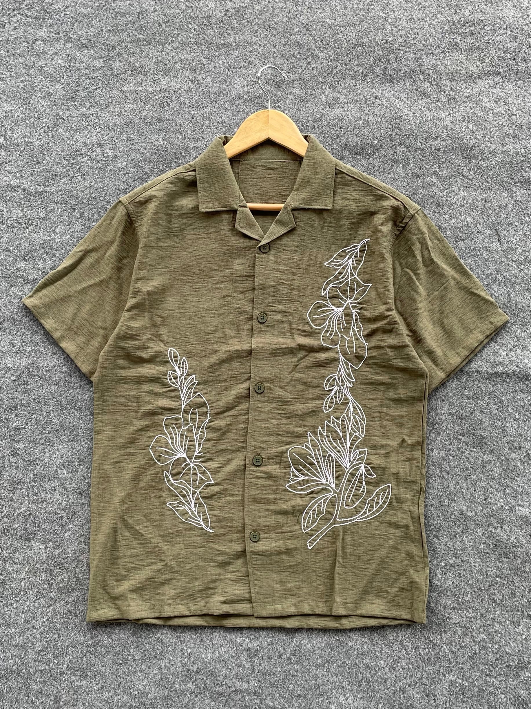 Olive Embroidery Cuban Shirt