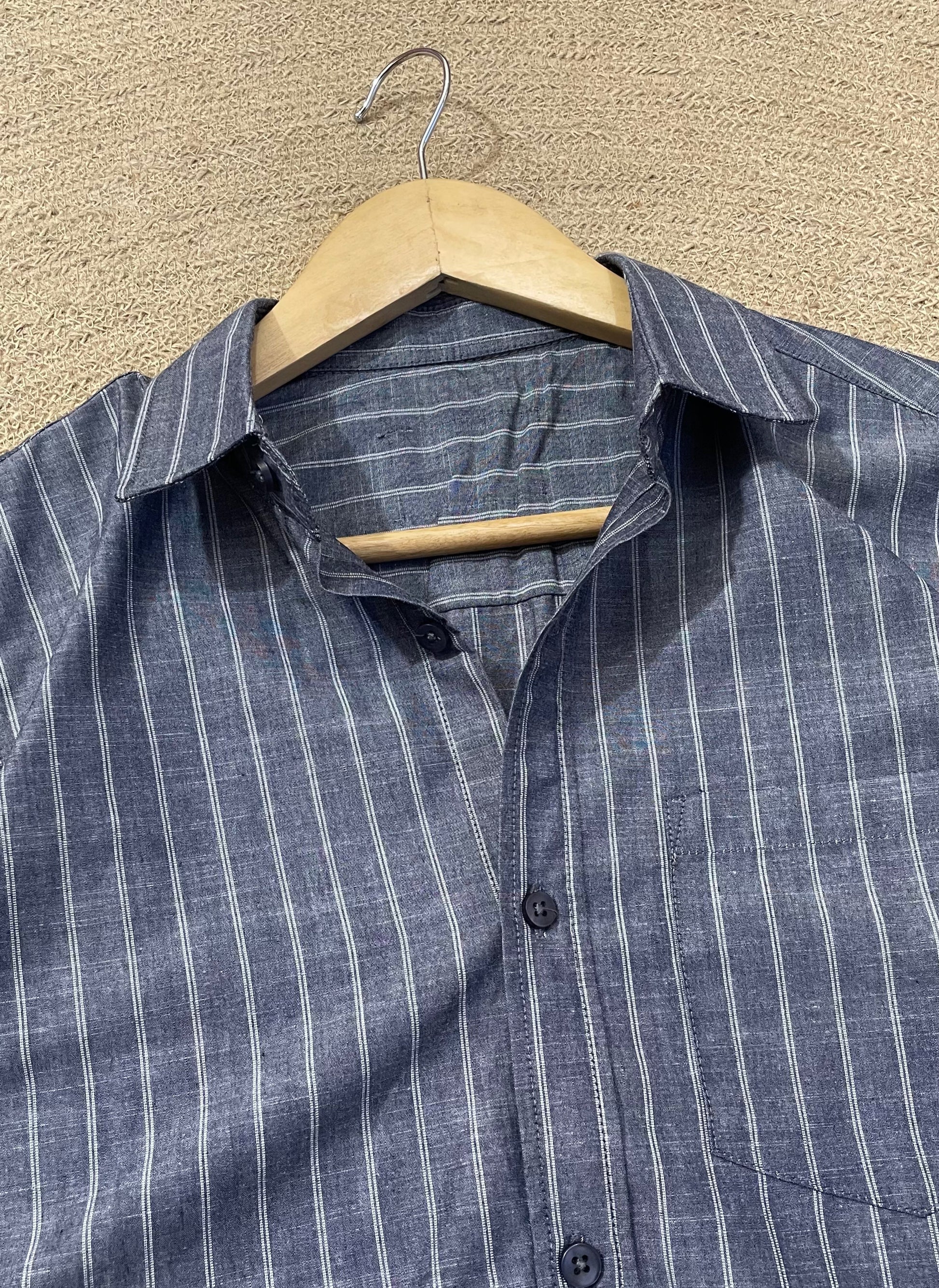 Grey Stripe Old Money Full Sleeve Shirt With Pocket