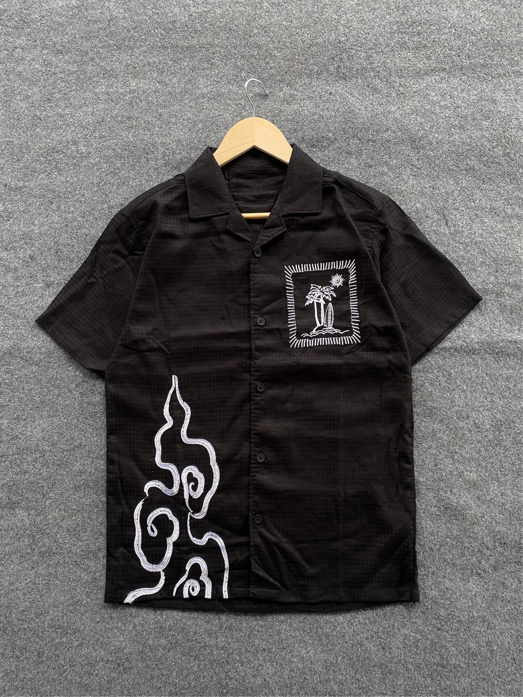 Black Embroidery Cuban Shirt.